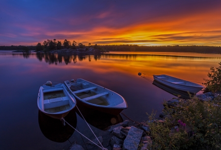 Lake Sunset - lake, sunset, boats, sunrise