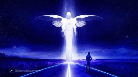 Angel - angel, road, fantasy, white, art, luminos, man, blue, taylr renee, axwell