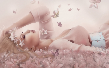 Beauty - fantasy, summer, rendering, girl, flower, pink, luminos