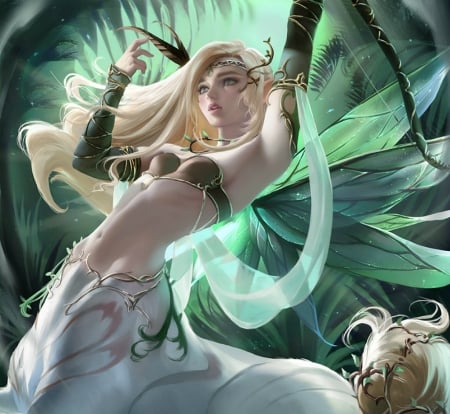 Chinese Zodiac ~ Horse - chinese zodiac, girl, blonde, sakimichan, horse, fantasy, green, art, luminos