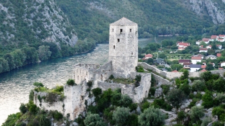 Gray Stone Tower Beside River - tower, building, water, river, village, trees, nature, gray