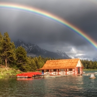 Rainbow Over Boathouse on Lake