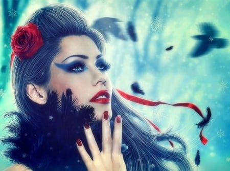 Raven Recovered - winter, creative pre-made, snow, digital art, weird things people wear, photomanipulation, ravens, fantasy, woman, crows, love four seasons