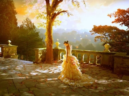 Lady at Sunset - creative pre-made, digital art, weird things people wear, photomanipulation, sunsets, leaves, fall, fantasy, autumn, woman, love four seasons