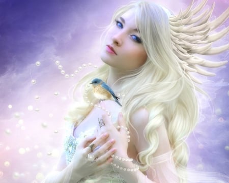 White Bird - woman, pearls, photomanipulation, white bird, fantasy, creative pre-made, love four seasons, digital art, weird things people wear