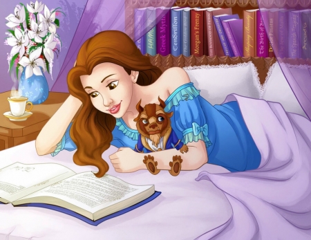 Cozy - animation, girl, lilac, toy, fantasy, beauty and the beast, belle, purple, cute, luminos, madam marla