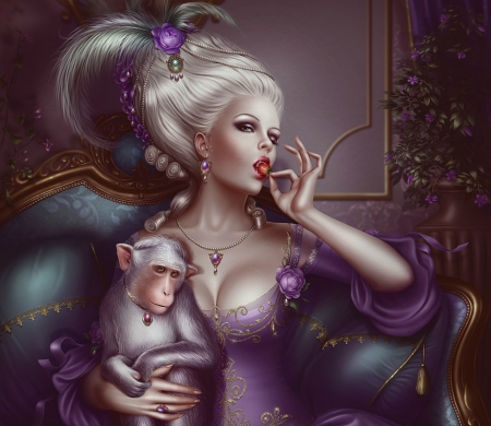 Strawberry with cream - maksim larionov, strawberry with cream, maimuta, girl, jewel, monkey, fantasy, animal, lady, purple, luminos