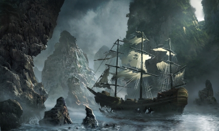 Ship - game, fantasy, water, ship, rock, sea, art, luminos