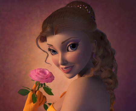 Belle - nina tarasova, beauty and the beast, rose, pink, fanart, girl, belle, fantasy, luminos