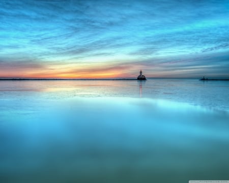 Lighthouse in the Distance,Chicago - clouds, nature, lighthouse, lake, reflection, sky