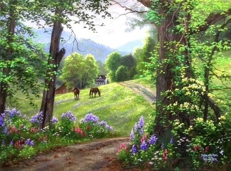 Rainy Summer Day - fields, attractions in dreams, summer, horses, nature, love four seasons, paintings, rainy, flowers