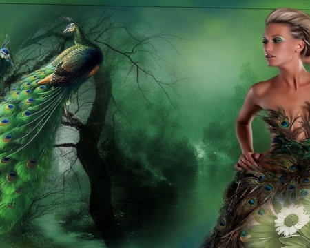 Peacock Lady - feathers, fantasy, peacock, green