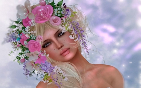 Floral Crown - flowers, lady, hair, sky