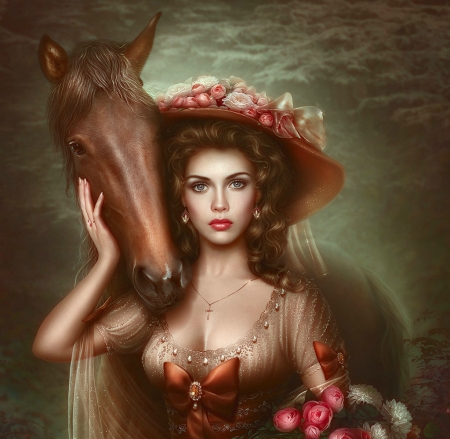 Girl with horse - beauty, woman, hat, girl, rose, fantasy, maksim larionov, art, pink, hand, luminos, peony, orange, fumusete, horse animal, flower