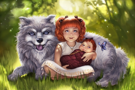 Little girl with baby and wolf - copil, animal, baby, girl, art, wolf, children, fantasy, little