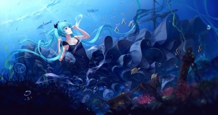 Hatsune Miku - summer, blue, underwater, dress, sombernight, hatsune miku, pink