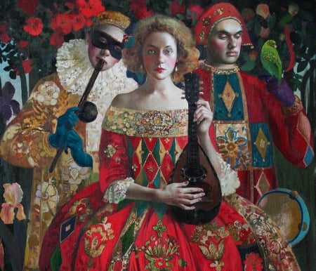 Masquerade - olga suvorova, masquerade, girl, man, pictura, instrument, red, painting, trio, luminos