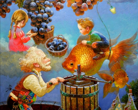 Sweet dreams - copil, sweet, girl, victor nizovtsev, children, fantasy, golden, fish, orange, dream, luminos, grapes, grandfather, autumn, boy