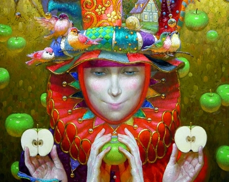 Harlequin with green apples - apple, red, victor nizovtsev, art, pictura, fruit, harlequin, luminos, painting, green