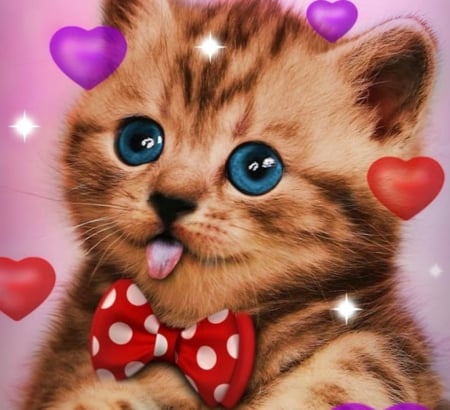 Kitten - heart, eyes, cat, silly, pisica, animal, kitten, funny, red, valentine, cute, face, bow, tongue, dot