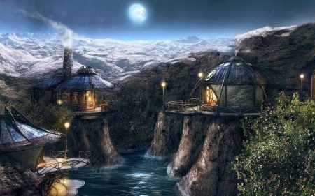 Alien's World - moon, landscape, artwork, mountains, huts