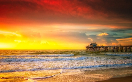 Californian Sunset - sky, pier, clouds, colors, sea