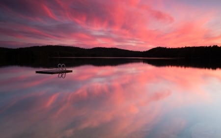 Pink Sunset - clouds, trees, sunset, nature, lake, forest, pink