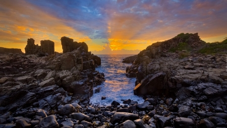 Ocean Sunset - nature, rock, ocean, sunset