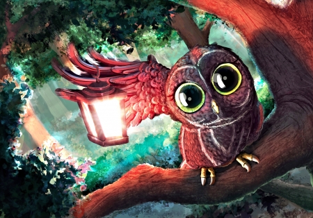 Cool Owl with Lantern - art, owl, lantern, cool