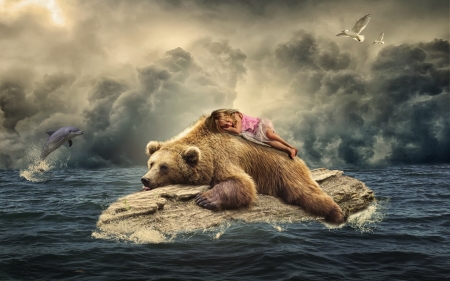 Cozy - sky, water, fantasy, storm, cloud, little, girl, bear, summer, creative, bird, sleep, situation, cozy, blue, animal, dolphin