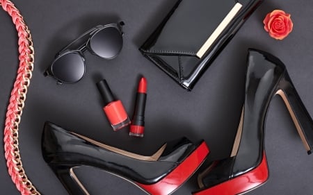 Accesories - red, stuff, accesories, black, lipstick, shoes, woman, sunglasses