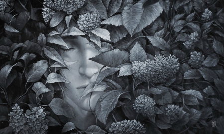 Hidden - fantasy, hidden, leaf, flower, man, art, tincek-marincek, luminos