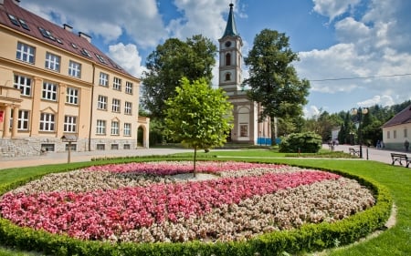 Small Town Wisla, Poland - flowers, square, town, Poland