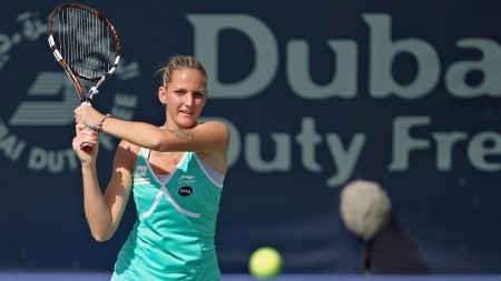 Karolina in Aqua - Karolina, yellow, blue, ball, WTA, Pliskova, Dubai, aqua, 2015, racket, Babola, tennis, Tournament, 1920x1080