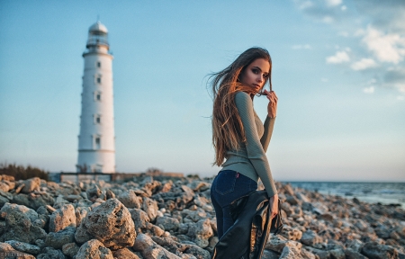 Unknown Model - woman, beach, lighthouse, lady, ocean, rocks, model, wate, sea, sand, babe