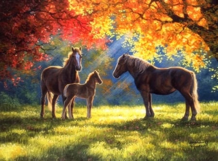 Family Moment - fields, attractions in dreams, trees, summer, nature, horses, love four seasons, family, paintings, grass