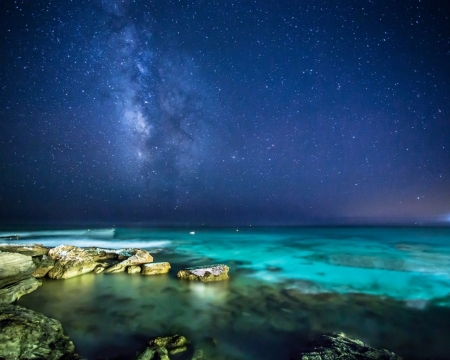 Night light Over the Sea - nature, ocean, stars, landscape, light, stones, sea