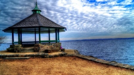 Gazebo on the Seashore - clouds, shore, nature, gazebo, sea