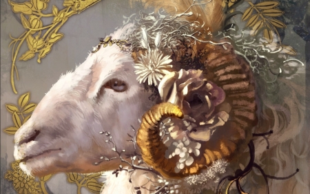 Zodiac ~ Aries - fantasy, white, aries, golden, art, zodiac, horns