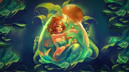 Birth of a mermaid - summer, sakimichan, girl, art, fantasy, mermaid, fruit, orange, luminos, green