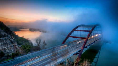 Bridge in Morning Mist - river, road, landscape, colors, sky