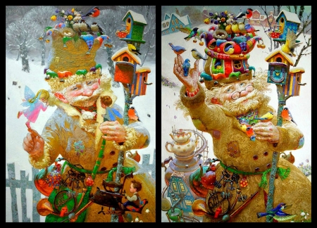 Grandfather and the winter house for birds collage - house, bird, winter, collage, grandfather, pictura, fantasy, nest, funny, victor nizovtsev, painting, luminos