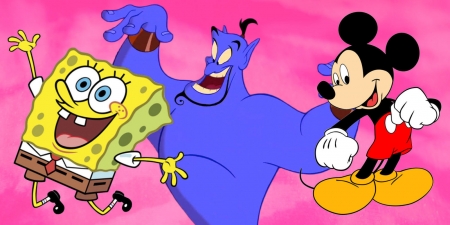 cartoon charactors - mickey, mouse, genie, spongebob