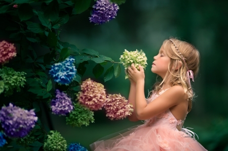 Little girl - girl, hydrangea, child, copil, purple, pink, blue, green, little, flower, dress