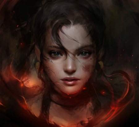 Fantasy girl - fantasy, red, girl, face, cheshyre, muju, dark, luminos