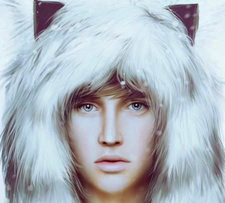 Snow - handsome, fur, chouette e, winter, fantasy, ears, wolf, face, white, man, luminos, snow, animal