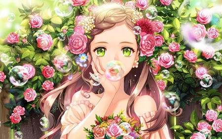 Flowers and bubbles - manga, anime, bubbles, girl, flower, pink