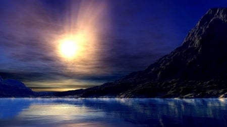 Lake in the Mountains - nature, sky, lake, sun, mountains