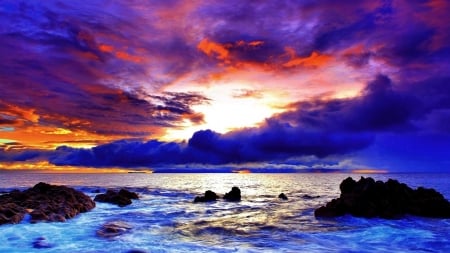 Sunset on the Coast - sky, ocean, beach, sunset, coast, rocks, nature, clouds, sea