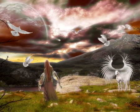 Magical World - fantasy, mountains, world, doves